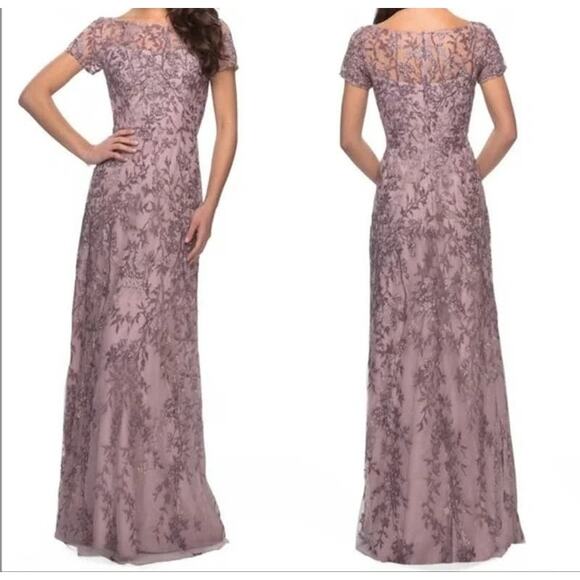 La Femme Floral Lace Overlay Column Gown Formal Dress Size 14 in Dusty Lilac NWT